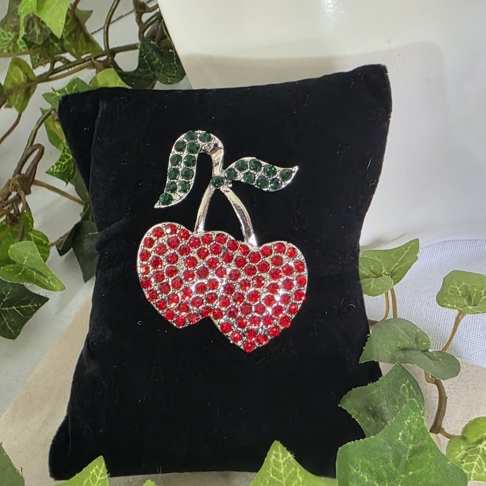 Silver Green with Red Rhinestone Cherry Brooch Pin